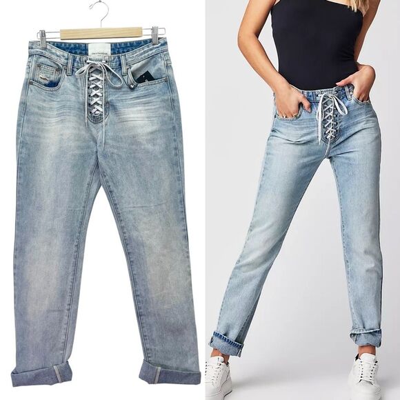 NWT One Teaspoon Truckers Jeans Size 26 Lace Up Mid Rise Straight Leg Light Wash - Picture 13 of 13